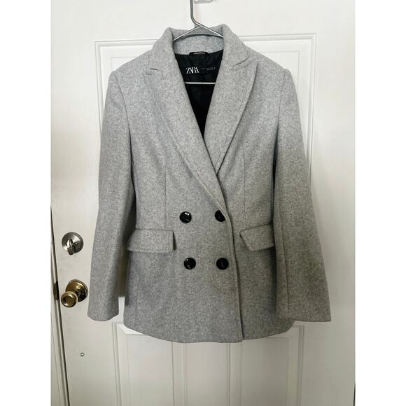 Zara Jacket Womens Medium Long Sleeve Shawl Lapel Double Breasted Blazer Gray - Picture 3 of 12